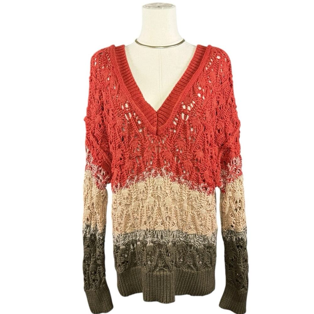 POL Crochet Open Knit Sweater Rust Beige Olive Colorblock Boho Medium Relaxed